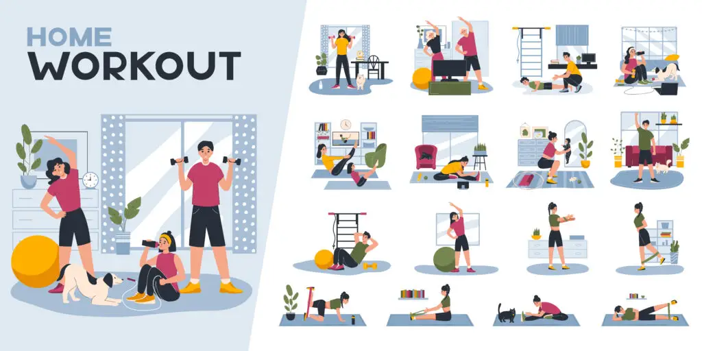 Flat vector illustration showing people doing different exercises in home and gym interiors — perfect visual representation of home workout plans for beginners.