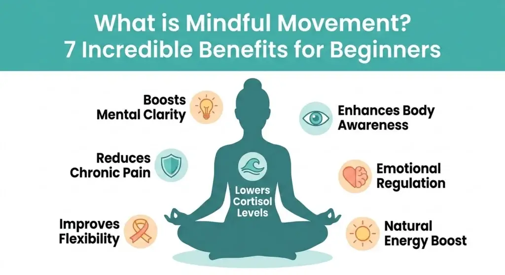 Infographic showing 7 incredible benefits of mindful movement: mental clarity, reduced pain, lower cortisol, body awareness, flexibility, emotional regulation, and energy boost.